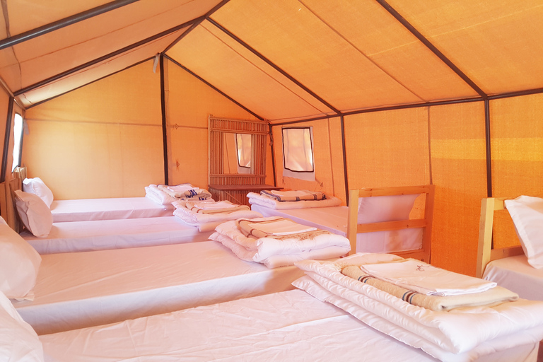 Traditional desert camp tent prepared for overnight stay during Douz sahara camel trek
